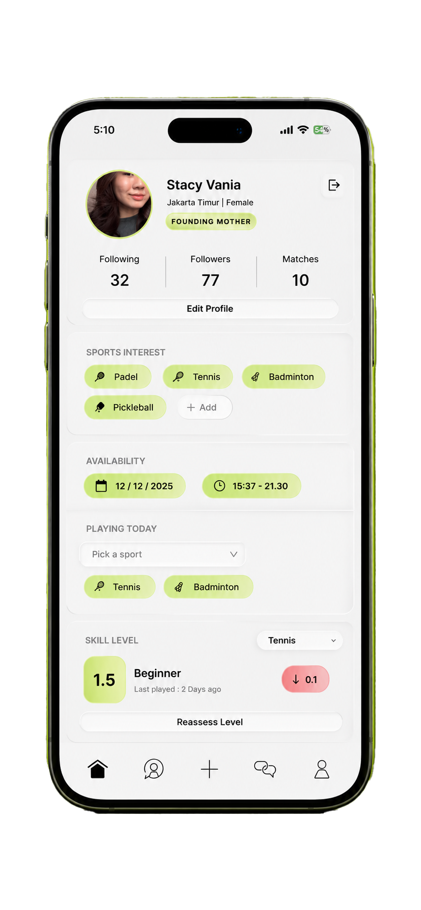 Koplay app profile screen showing sports interests, availability, and skill level.